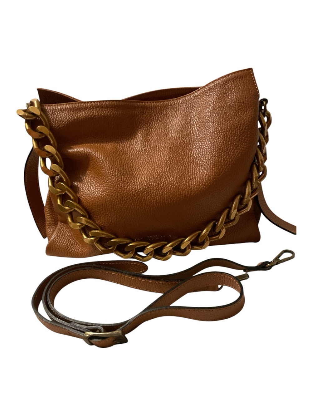 Viola Castellani Pebbled Tan Bag with Bold Gold Chain & Crossbody Strap